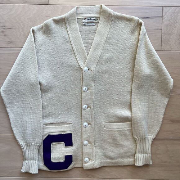 Vintage Letterman Cardigan Small Beige Wool Sweater 60s Indian Brand Made in USA - Picture 2 of 9